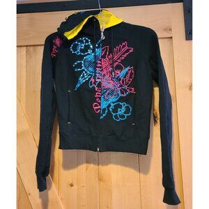 Pepe Jeans London Women's Size S Zip Hoodie Black Embroidered Flower Feather